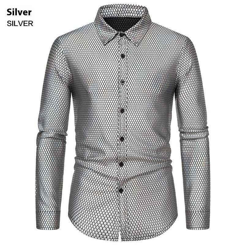Black Rhombus Bronzed Button-Up Shirt by Stylish 3Sixty5, featuring a classic collar and button closure, worn as a stylish top.
