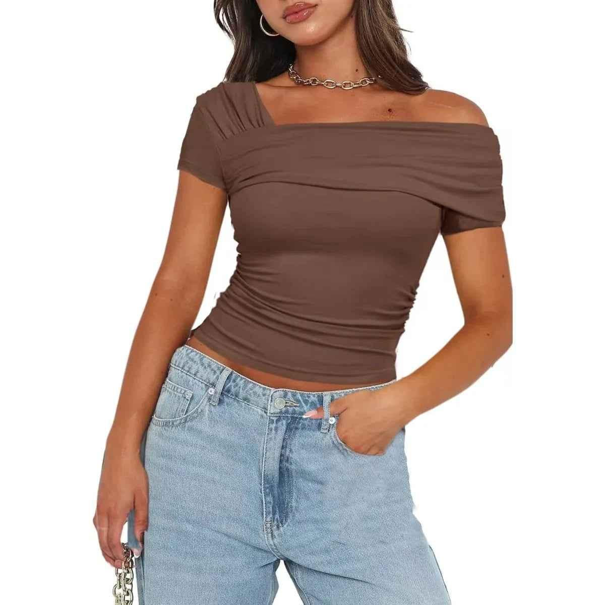 Black women's off-shoulder blouse from Stylish 3Sixty5, featuring a trendy glow design and long sleeves.