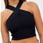 Black Women's Silhouette Stretch Halter Top by Stylish 3Sixty5, close-up of fitted halter neckline and smooth fabric.