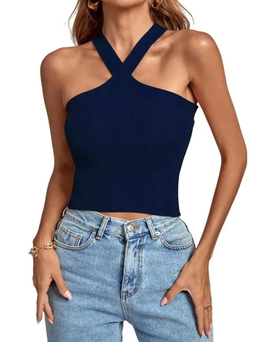 Black women's silhouette stretch halter top from Stylish 3Sixty5, featuring a fitted, sleeveless design for a stylish look.