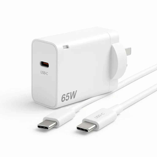 Techplus 65W USB-C fast charger with Power Delivery and cable options, compact design for quick device charging.