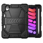 Black TechPlus rugged case for iPad Mini 6 and 7 with shockproof design, stand, and pencil holder in a close-up image.