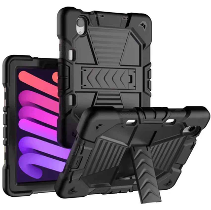 Black TechPlus rugged case for iPad Mini 6 and 7, shockproof cover with stand and pencil holder, protective and durable.