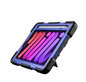 Black TechPlus rugged case for iPad Mini 6 and 7 with shockproof design, stand, and pencil holder, shown on an iPad Mini.