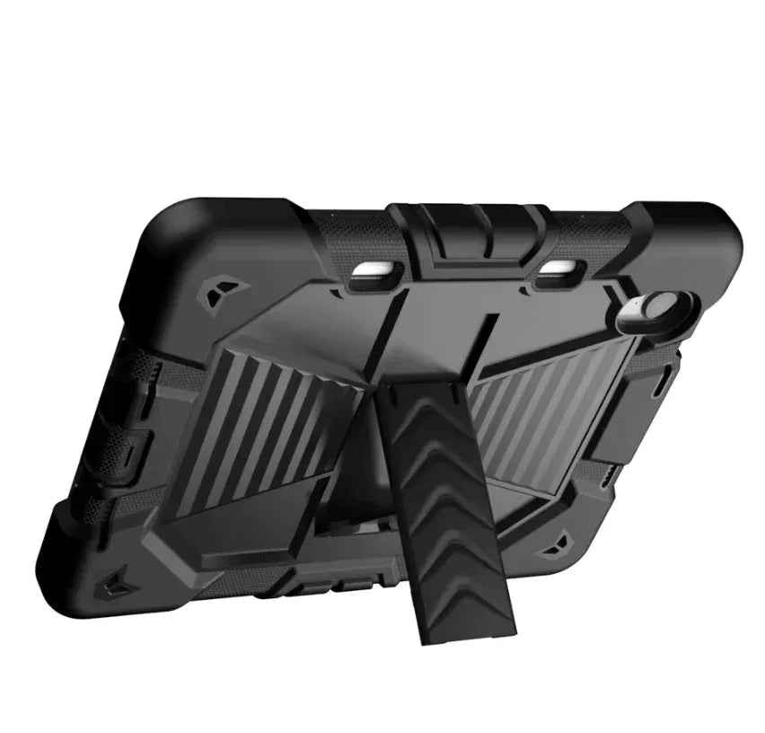 Black TechPlus rugged case for iPad Mini 6 and 7 with shockproof design, stand, and pencil holder on the front.
