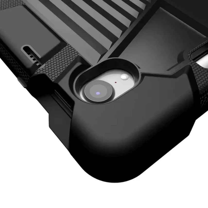 Black TechPlus rugged case for iPad Mini 6 and 7 with shockproof protection, stand, and pencil holder, shown on the device.