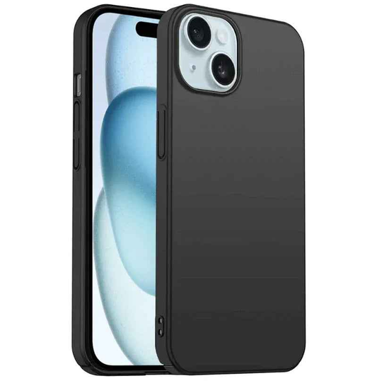 Black silicone case for iPhone 14 Plus by TechPlus, soft protective cover with smooth texture and precise cutouts.