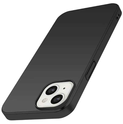 Black silicone case for iPhone 14 Plus by techplus, soft protective cover with a smooth finish and precise cutouts.