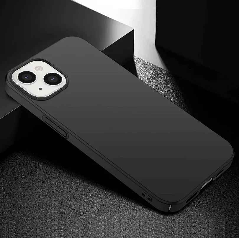 Black silicone case for iPhone 14 by TechPlus, soft protective cover with a smooth finish and precise cutouts for buttons.