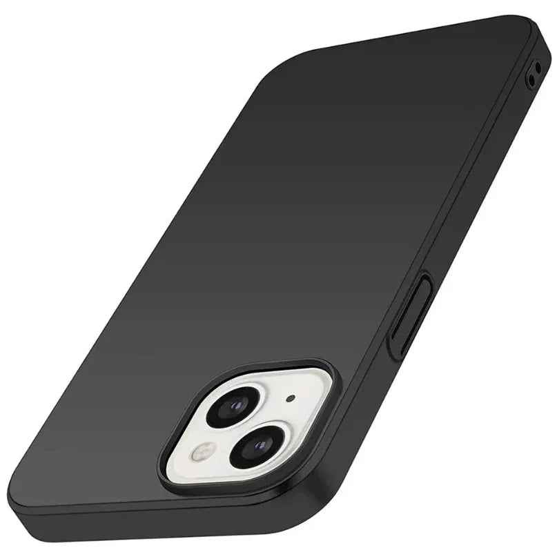 Black silicone case for iPhone 15 Plus by TechPlus, soft protective cover with precise cutouts and smooth finish.