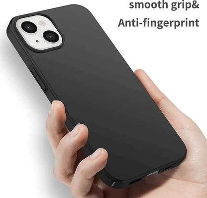 Black silicone case for iPhone 15 Plus by TechPlus, soft protective cover with smooth finish and precise cutouts.