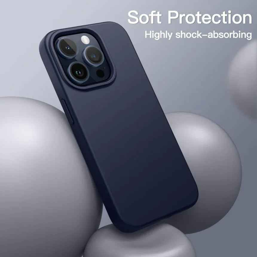 TechPlus silicone case for iPhone 15 Pro Max in black, blue, and red, offering soft, protective coverage for the smartphone.