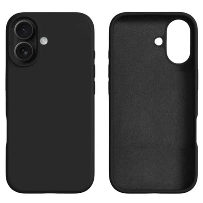 Black TechPlus silicone case for iPhone 16 Plus, soft protective cover with smooth texture and precise cutouts.