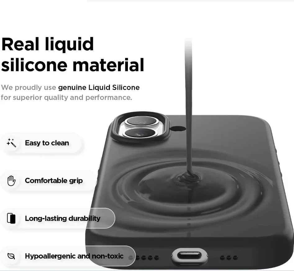 Black TechPlus silicone case for iPhone 16 Plus, soft protective cover with a smooth, snug fit and durable material.