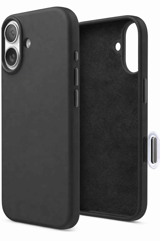 Black TechPlus silicone case for iPhone 16, soft protective cover with a snug fit and smooth finish.