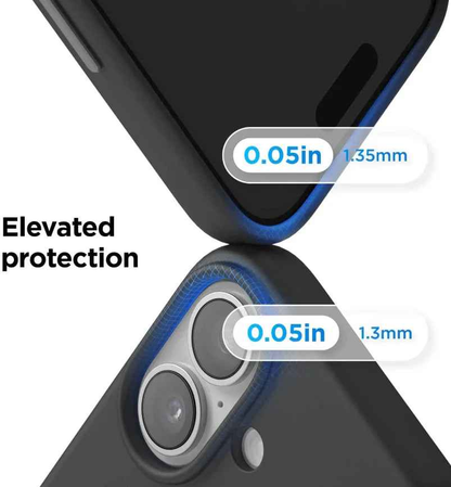 Black TechPlus silicone case for iPhone 16, soft protective cover with smooth texture and precise cutouts.