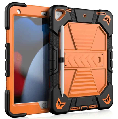 Black rugged TechPlus iPad 10.2 case with shockproof cover, stand, and pencil holder for 7th to 9th generation tablets.