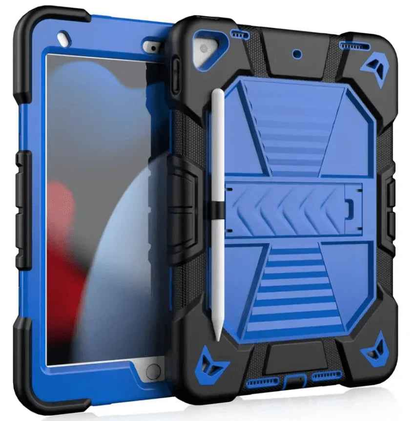 Techplus rugged black iPad 10.2 case with shockproof cover, stand, and pencil holder for 7th, 8th, and 9th generation tablets.
