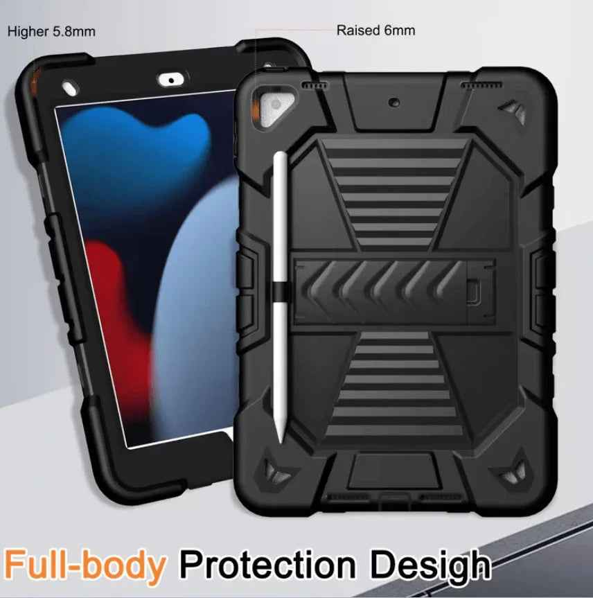 Black TechPlus Rugged iPad 10.2 case with shockproof cover, built-in stand, and pencil holder for 7th to 9th generation iPads.