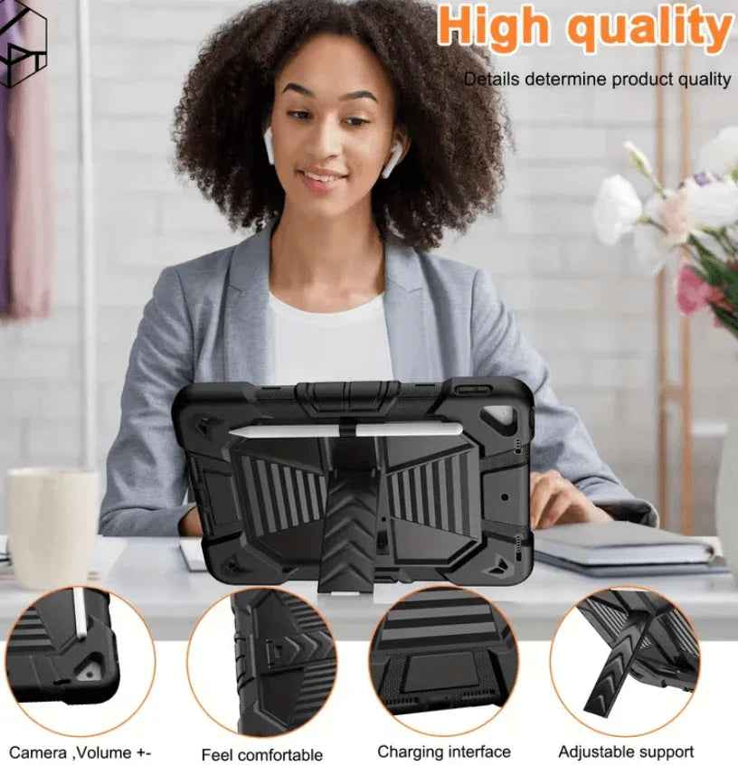 Black Rugged TechPlus iPad 10.2 case with shockproof cover, stand, and pencil holder for 7th to 9th generation iPads.