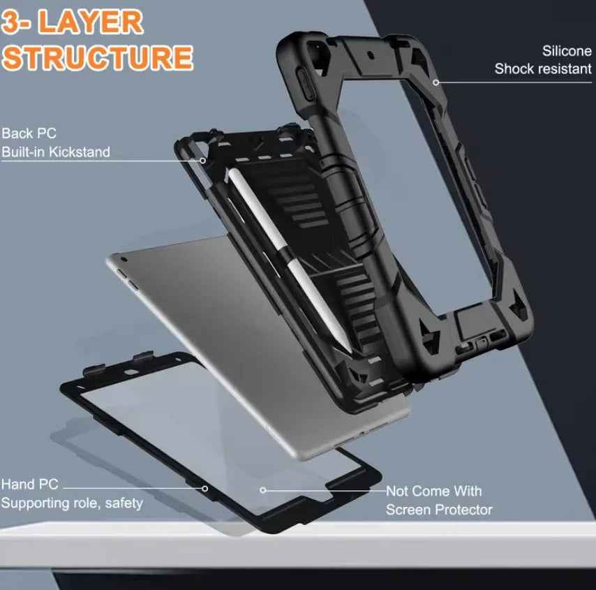 Black Rugged TechPlus iPad 10.2 case with shockproof cover, built-in stand, and pencil holder for 7th to 9th generation tablets.