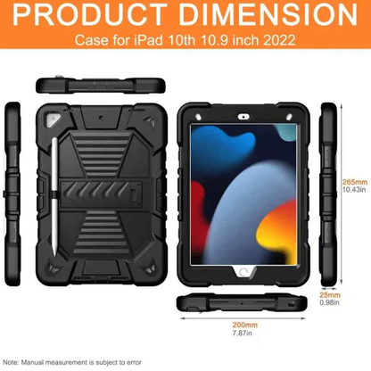 Black TechPlus Rugged iPad 10.2 case with shockproof cover, stand, and pencil holder for 7th, 8th, and 9th generation tablets.