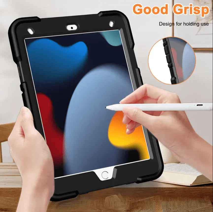 Black Rugged TechPlus iPad 10.2 case with shockproof cover, stand, and pencil holder for 7th, 8th, and 9th generation tablets.