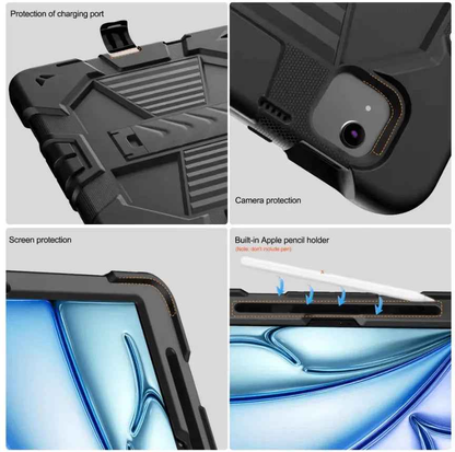 TechPlus black rugged iPad Air 11" 2024 case with shockproof cover, stand, and pencil holder, designed for protection and convenience.