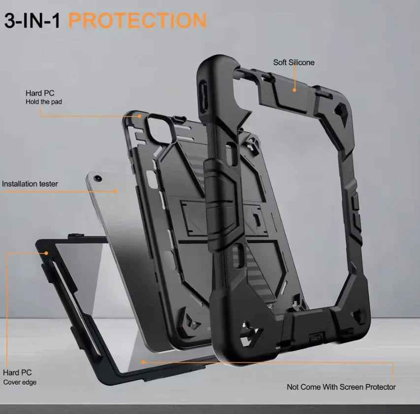 TechPlus black rugged iPad Air 11" 2024 case with shockproof cover, stand, and pencil holder, designed for protection and style.