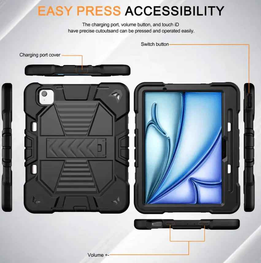 Techplus black Rugged iPad Air 11" 2024 case with shockproof cover, stand, and pencil holder for secure protection.