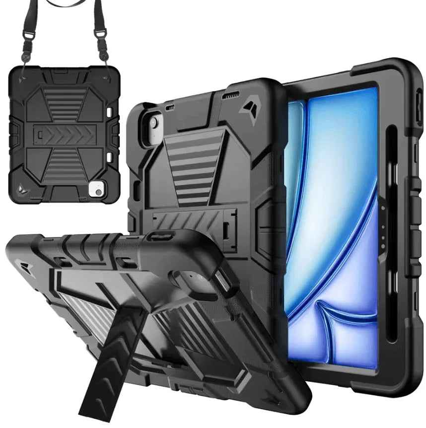 Techplus rugged black iPad Pro 11-inch case with shockproof design, built-in stand, and pencil holder for heavy-duty protection.