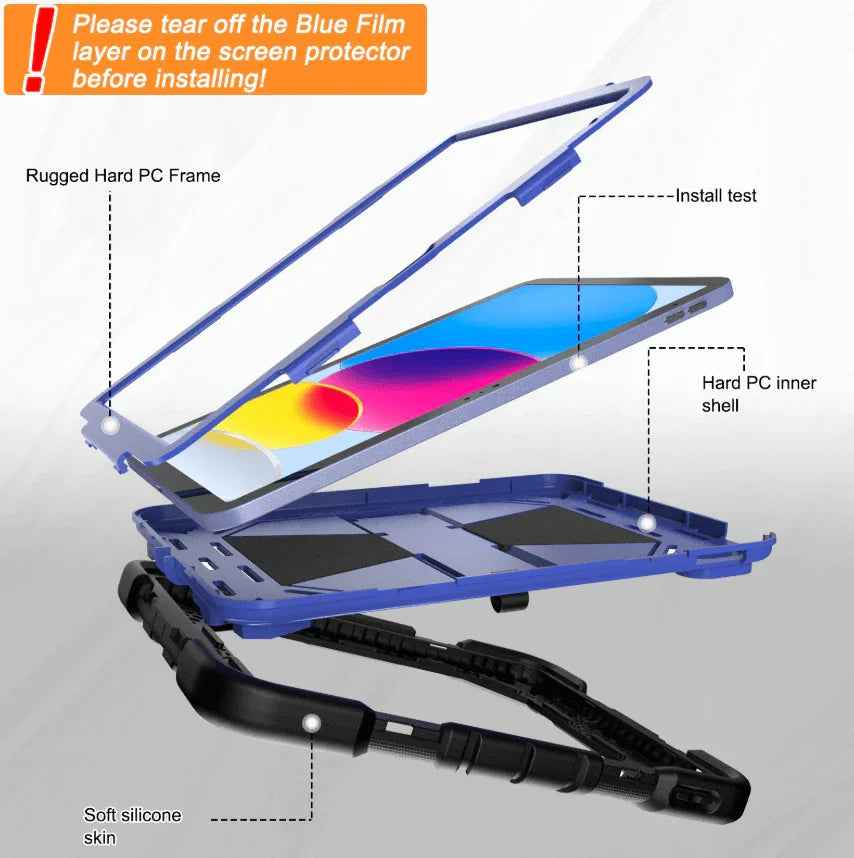 Black rugged iPad Pro 11-inch case by TechPlus with heavy-duty shockproof design, stand, and pencil holder.