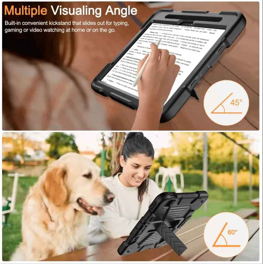Techplus rugged black iPad Pro 11-inch case with shockproof cover, kickstand, and pencil holder for durable protection.
