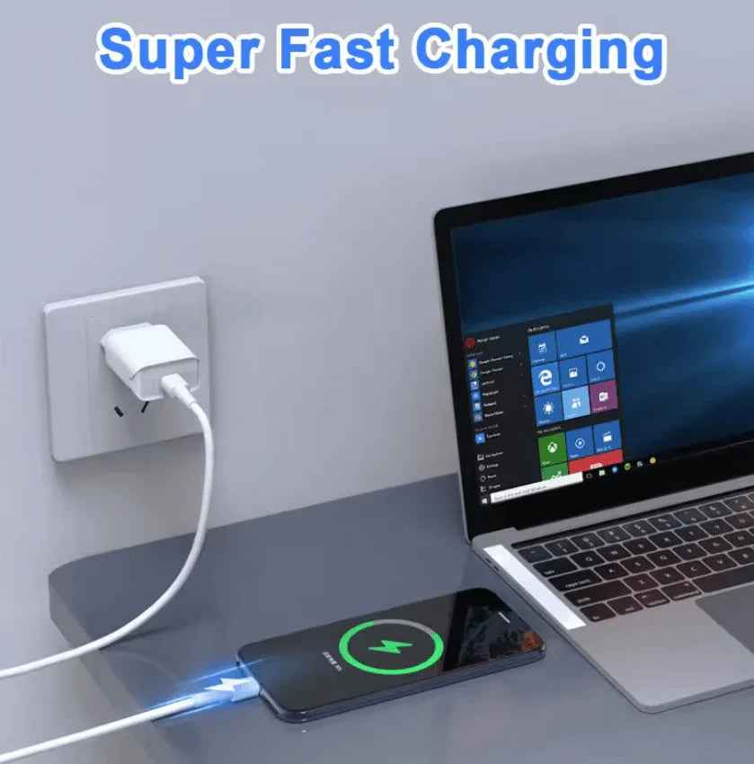 Techplus 5A 100W USB-C to USB-C cable for fast charging and data sync, shown connected between devices.