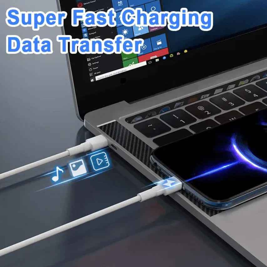 Techplus 5A 100W USB-C to USB-C cable for fast charging and data sync, shown connected to devices with a sleek black design.