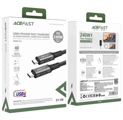 Techplus ACEFAST 240W USB-C to USB-C cable, durable PD cable for fast charging and data transfer, black design.