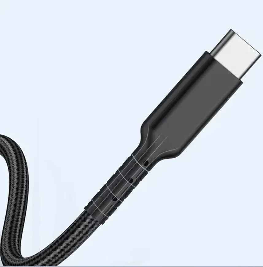 Techplus durable USB-C to USB-C cable for fast charging and data sync, shown connected to electronic devices.