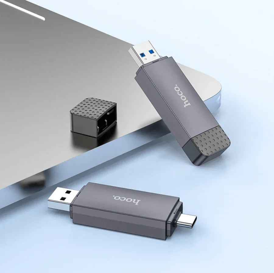 Techplus HB45 2-in-1 USB 3.0 card reader with dual USB-A and Type-C ports for easy data transfer and device connectivity.