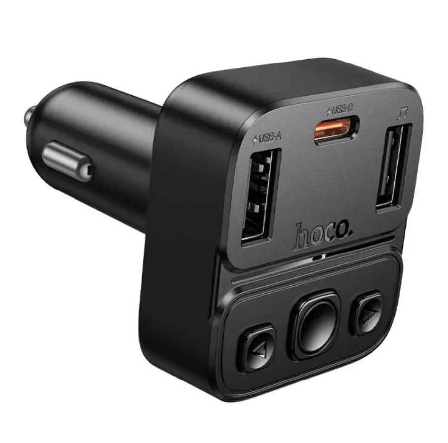 Techplus Hoco E87 dual port 35W car Bluetooth FM transmitter connected to car dashboard with display screen.