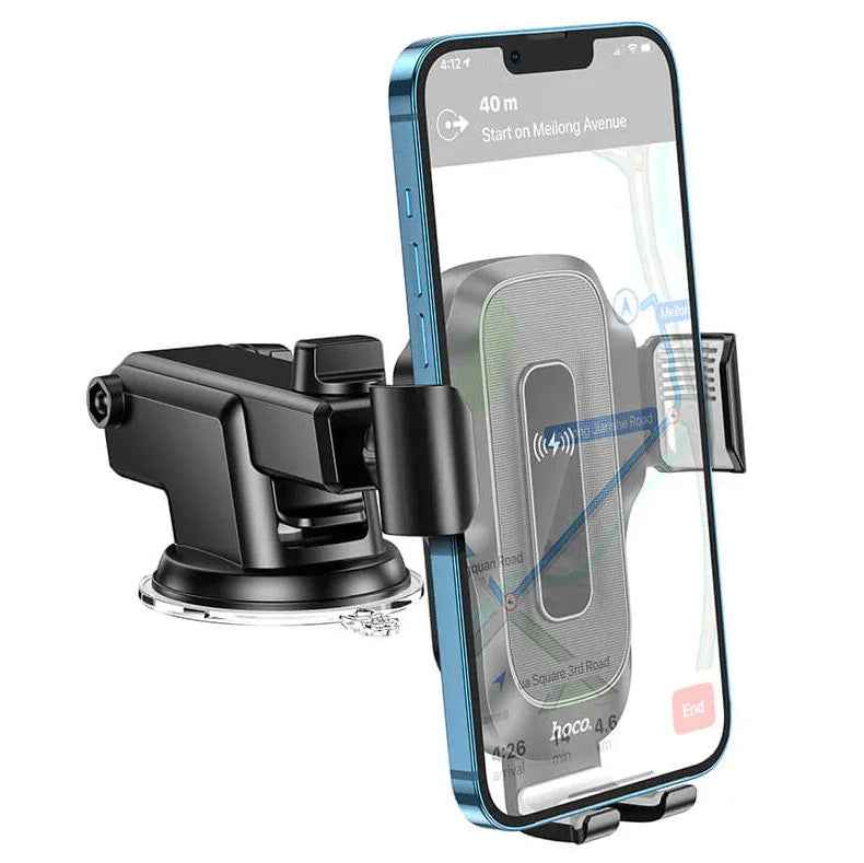 Techplus Hoco HW3 wireless fast charging car phone holder mounted on dashboard and windshield for secure phone support.