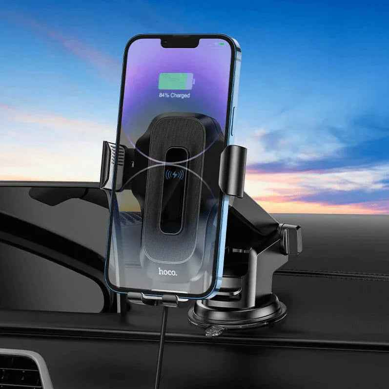 Techplus Hoco HW3 wireless fast charging car phone holder on dashboard, showing mount and charging features