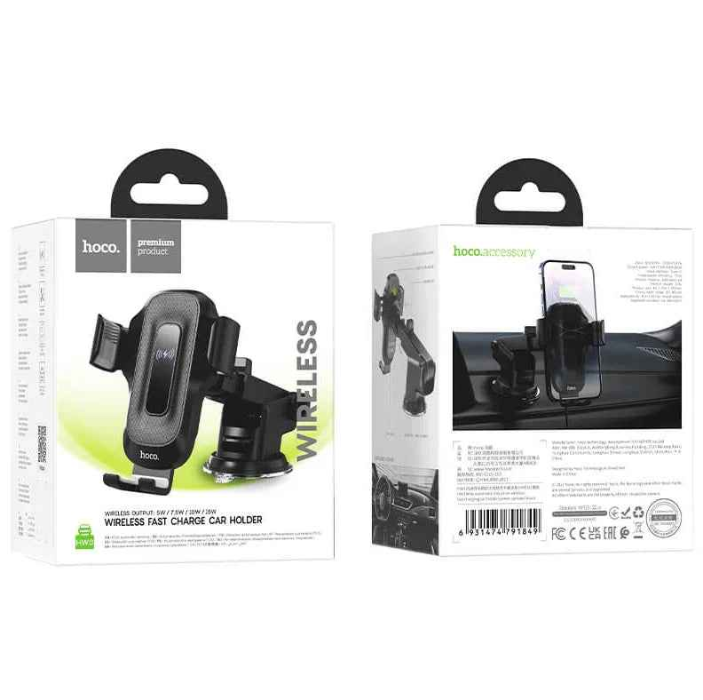 Techplus Hoco HW3 wireless fast charging car phone holder mounted on dashboard, compatible with 5W–15W charging for smartphones.
