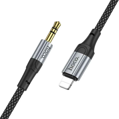 Techplus Hoco Lightning to 3.5mm aux cable showing the compact black cable with connectors for iPhone and audio devices.