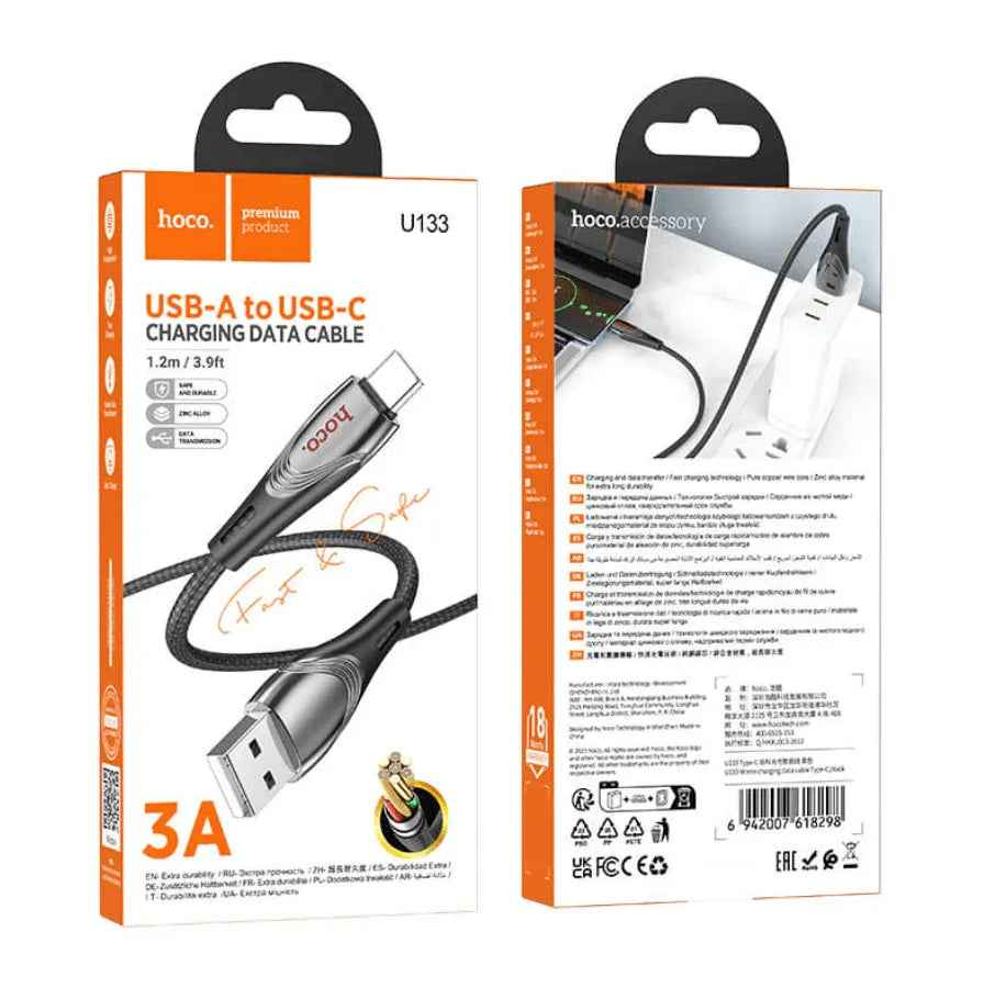 Techplus HOCO U133 USB-C fast charging cable, 3A, 1.2m braided black cable for quick device charging and data transfer.