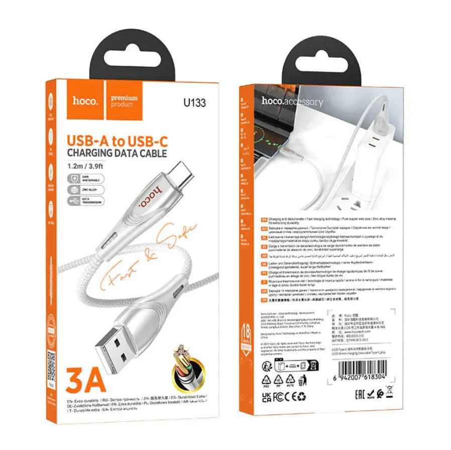 Hoco U133 USB-C fast charging cable by TechPlus, 1.2m braided design, supports 3A fast charging for smartphones and devices