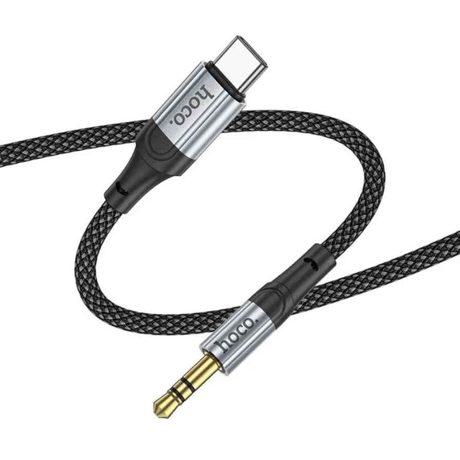 Techplus Hoco USB-C to 3.5mm aux cable showing a black cable with USB-C and 3.5mm connectors for audio devices.