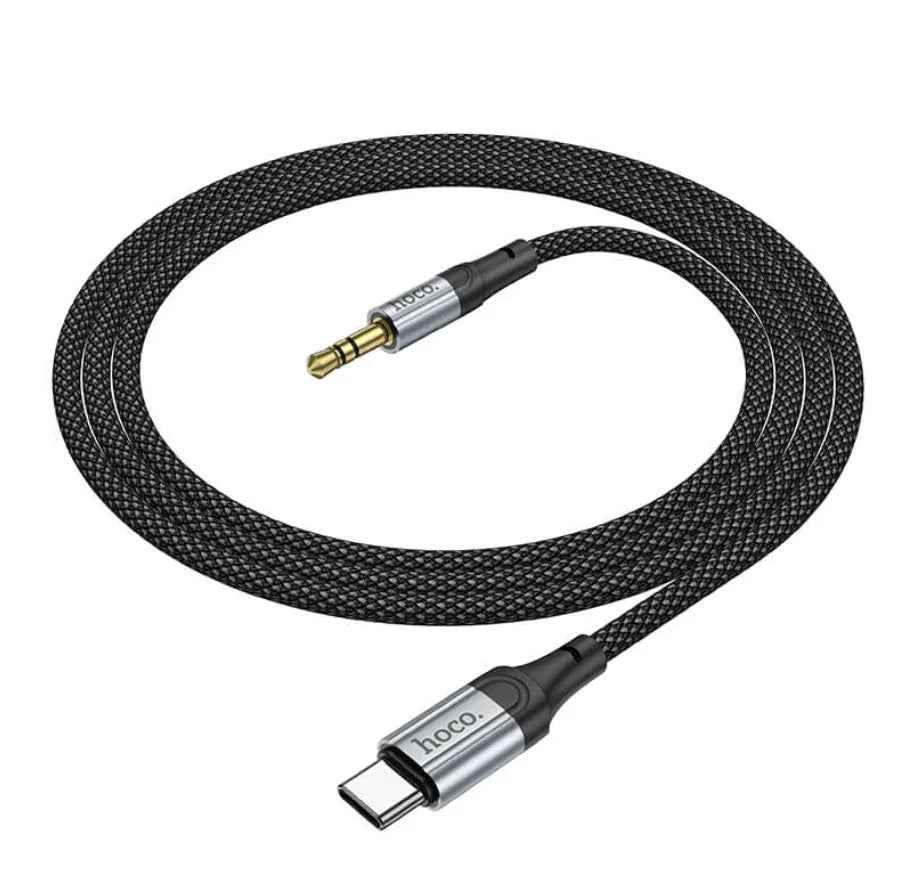 Techplus Hoco USB-C to 3.5mm aux cable for smartphones and tablets, with gold-plated connectors and flexible cable design.