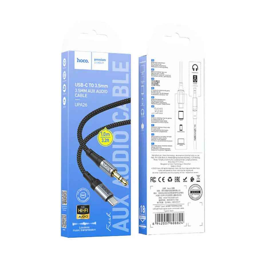 Techplus Hoco USB-C to 3.5mm aux cable connected to a device, showing compact design and durable cable for audio connection.