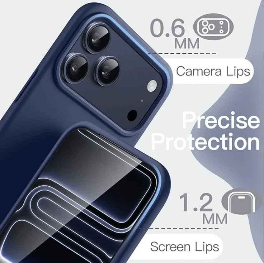 Navy blue silicone case for iPhone 17 Pro Max by TechPlus, soft and protective cover fitting snugly around the phone.