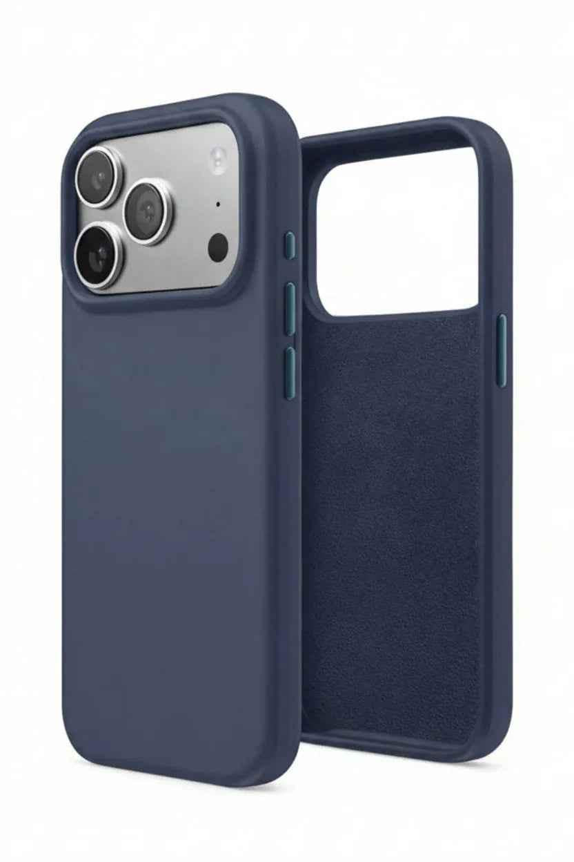 TechPlus navy blue silicone case for iPhone 17 Pro, soft protective cover with a snug fit and smooth texture.